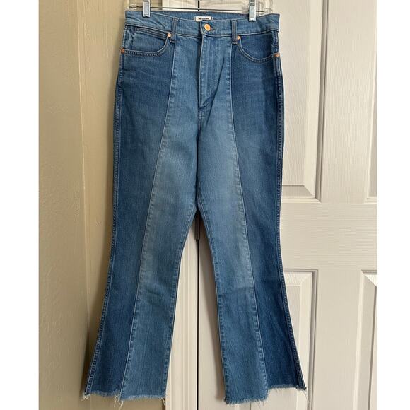 Wrangler WROCK High Rise Kick Flare Jeans Blue Denim Split Panel Raw Hem 29x28 - Picture 3 of 7